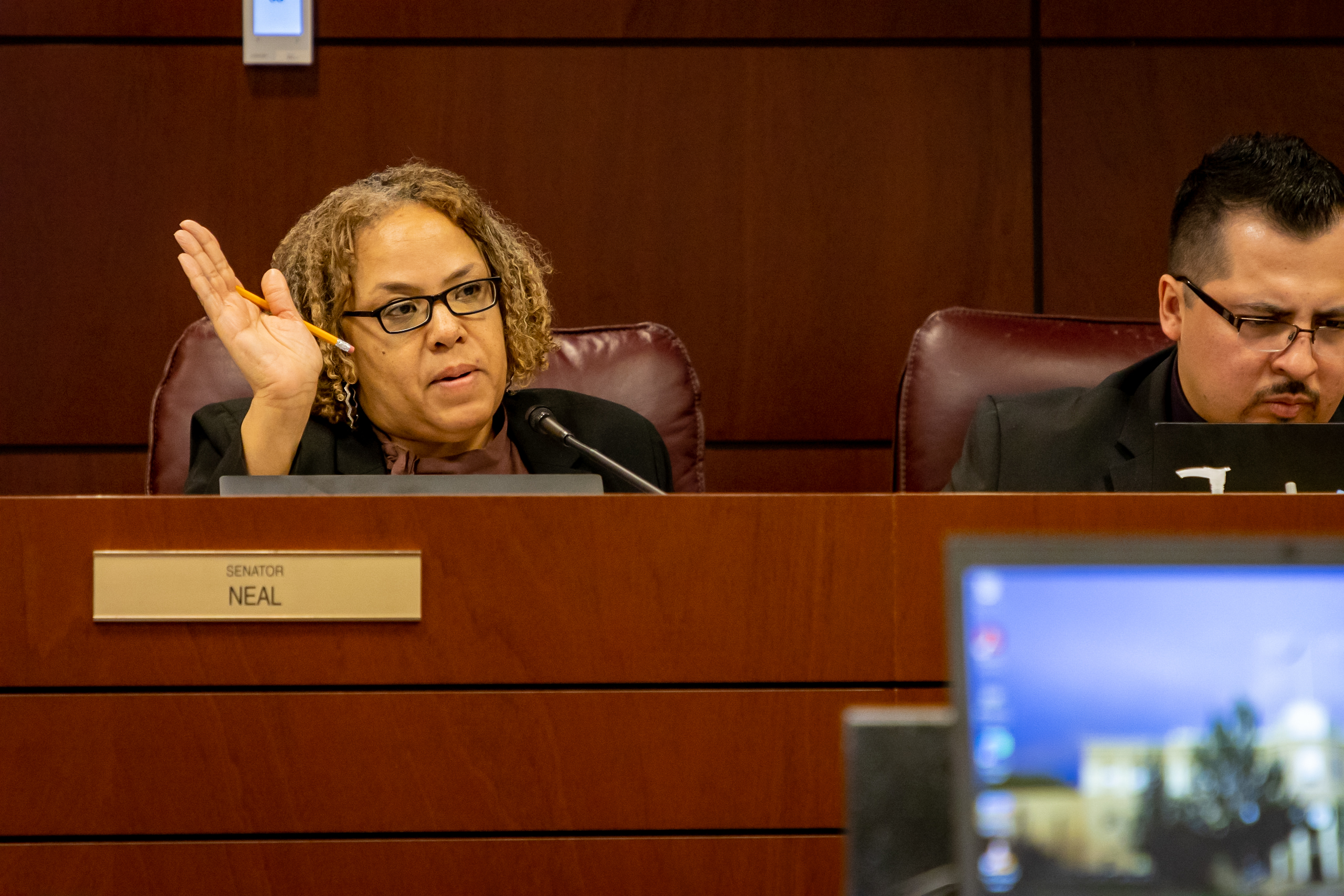 Sen. Dina Neal (D-North Las Vegas) during a meeting of the Senate Education committee at the Legislature in Carson City on Monday, March 27, 2023. (Tim Lenard/The Nevada Independent).