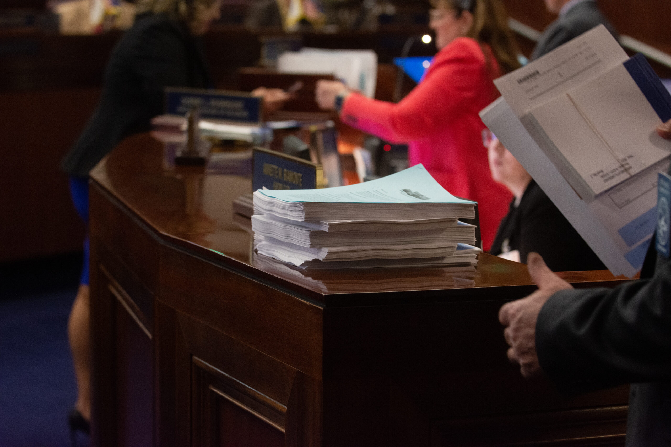 Copies of bills inside the Legislature before the start of the Senate floor session on Tuesday, April 25, 2023, in Carson City. (David Calvert/The Nevada Independent).