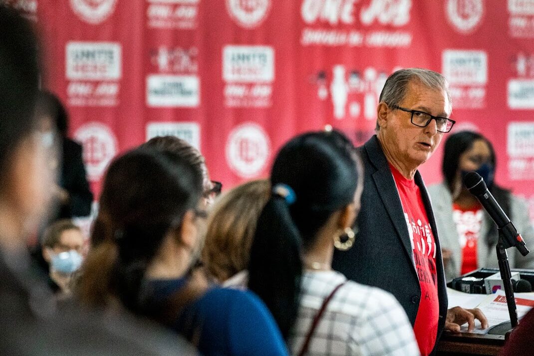 Culinary Union Secretary-Treasurer Ted Pappageorge looks back at former employees of Station Casinos during a news conference on Tuesday, March 29, 2022. The workers filed a lawsuit against the company alleging violations of the ‘Right to Return’ law. (Jeff Scheid/The Nevada Independent).