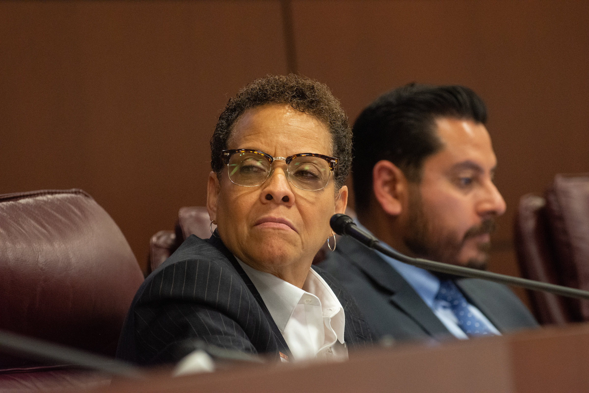 Sen. Pat Spearman (D-North Las Vegas) during a bill hearing at the Legislature in Carson City on Monday, April 10, 2023 (David Calvert/The Nevada Independent).