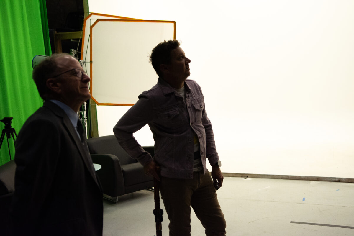 Actor Jeremy Renner, right, and Reynolds School of Journalism Dean Al Stavitsky during a tour of UNR with University President Brian Sandoval in Reno on May 23, 2023. (David Calvert/The Nevada Independent).