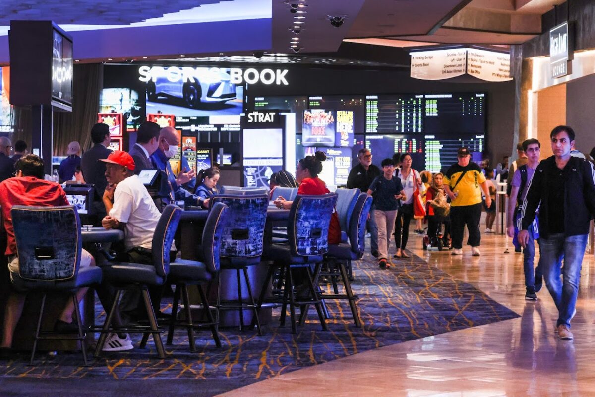 Las Vegas visitors walk through The Strat in downtown on Thursday, May 18, 2023. (Jeff Scheid/The Nevada Independent).