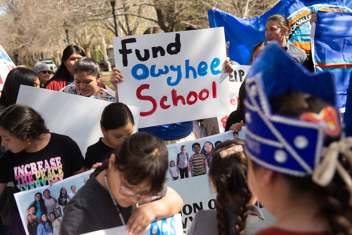 Students from the Owyhee Combined School, located on the Shoshone-Paiute Tribes of the Duck Valley Indian Reservation in northeastern Nevada, attend a press conference outside the Legislature on Thursday, April 27, 2023, in Carson City. (David Calvert/The Nevada Independent).