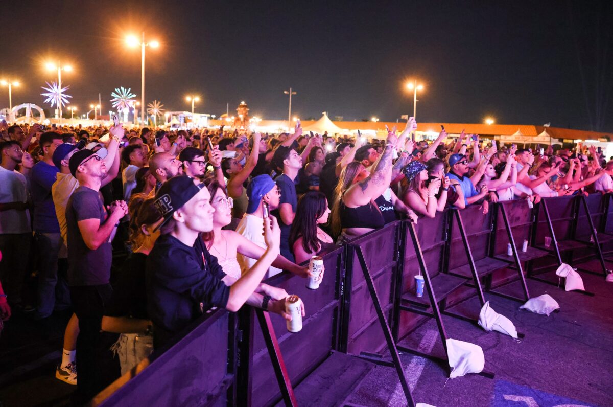 Fans watch deadmau5 perform during The Fabulous Commercial Center Block Party, Thursday, May 18, 2023. (Jeff Scheid/The Nevada Independent)