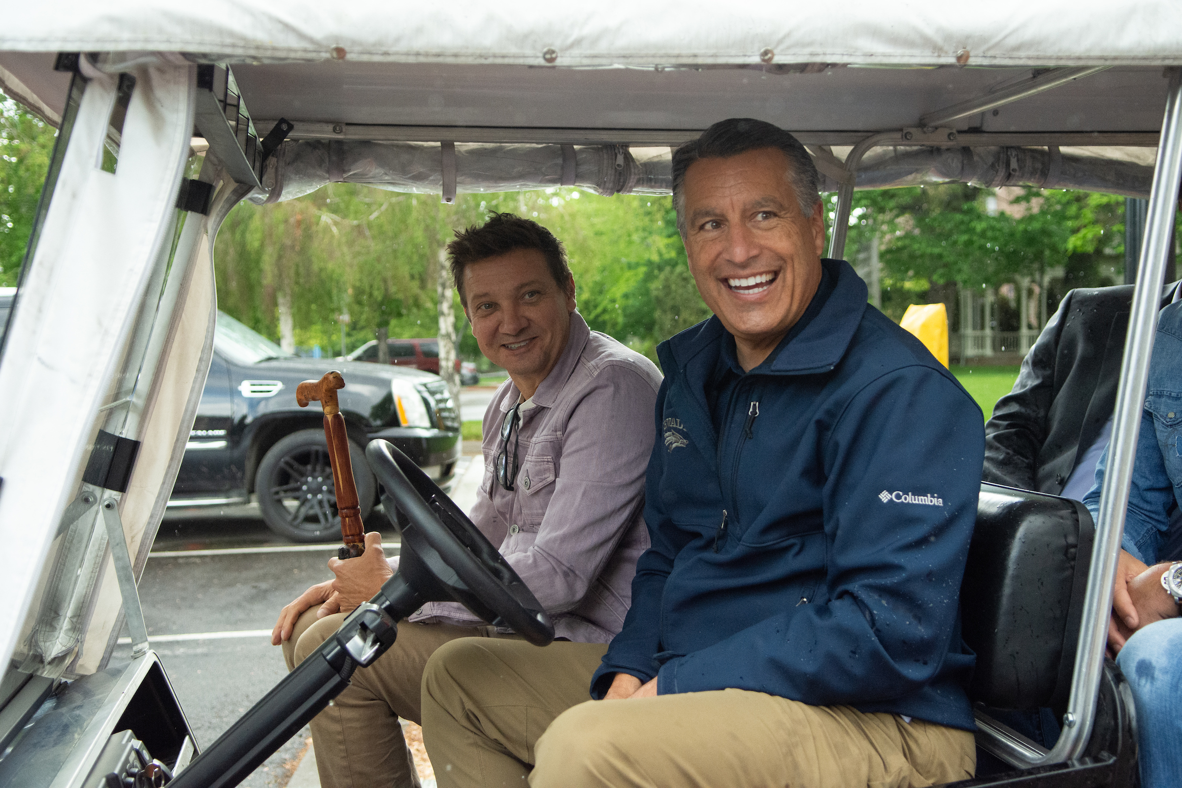 Actor Jeremy Renner and UNR President Brian Sandoval during a tour of campus in Reno on May 23, 2023. (David Calvert/The Nevada Independent).