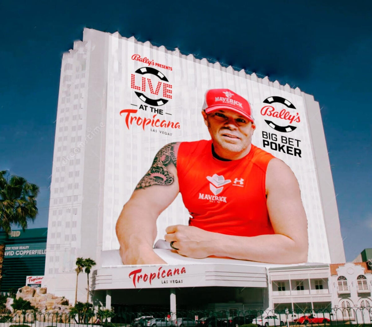 Maverick Gaming CEO Eric Persson is depicted on the side of the Tropicana Hotel and Casino. (Courtesy photo).