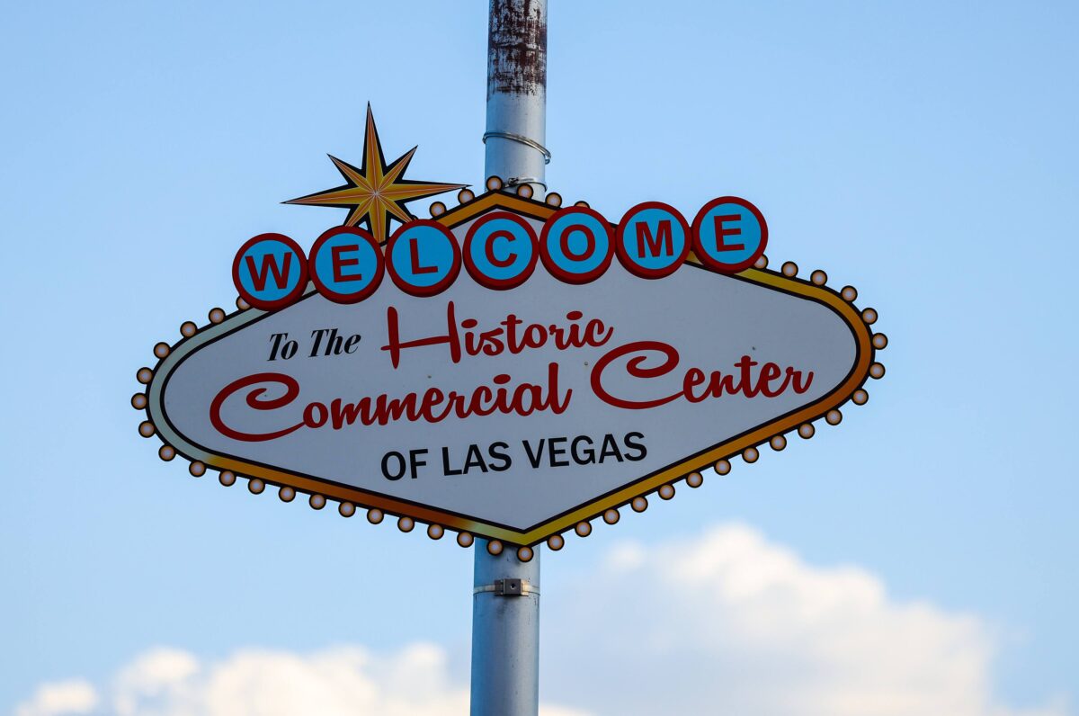 A sign promoting the  Commercial Center during The Fabulous Commercial Center Block Party on Thursday, May 18, 2023. (Jeff Scheid/The Nevada Independent)