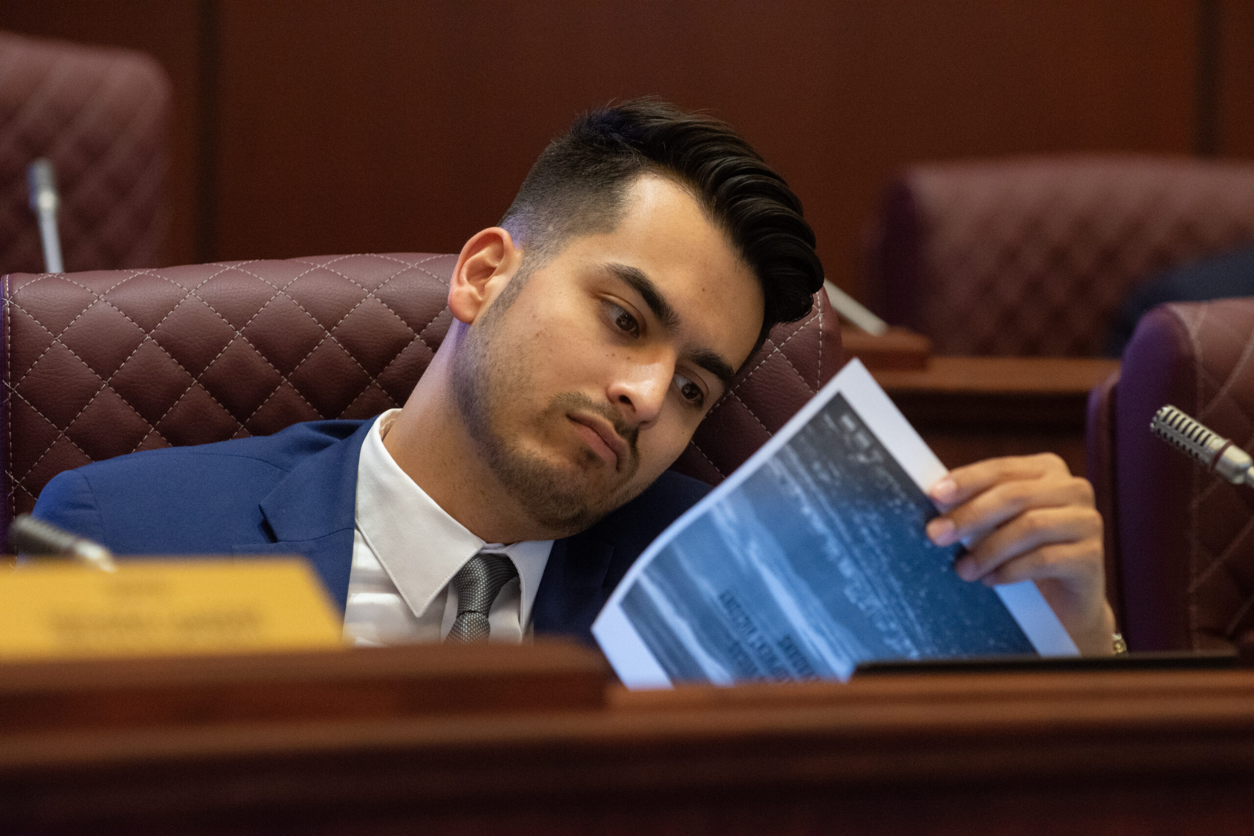 Sen. Fabian Doñate (D-Las Vegas) during a bill hearing for SB496 at the Legislature in Carson City on Tuesday, May 16, 2023. (David Calvert/The Nevada Independent)