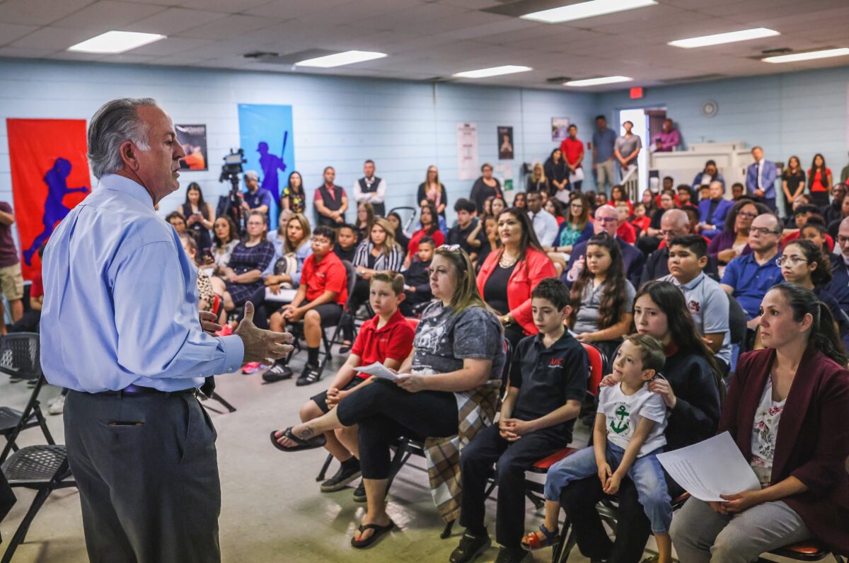 Gov. Joe  Lombardo speaks during a school choice roundtable in Las Vegas on Monday, May 8, 2023. (Jeff Scheid/The Nevada Independent).
