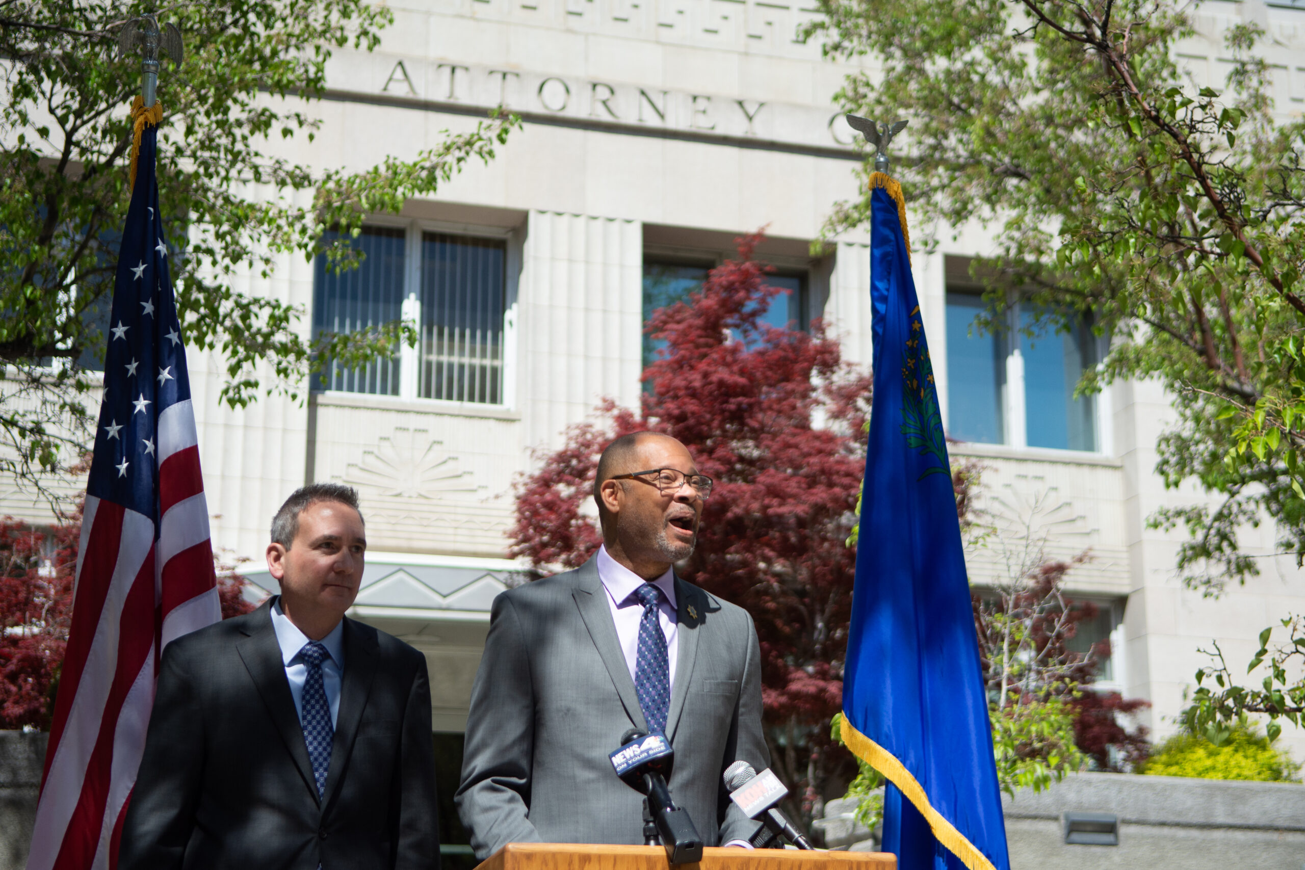 Attorney General Aaron Ford and Chief Deputy Attorney General Mark Kreuger during a press conference about an opioid settlement outside the Attorney General’s office in Carson City on Tuesday, May 16, 2023. (David Calvert/The Nevada Independent).