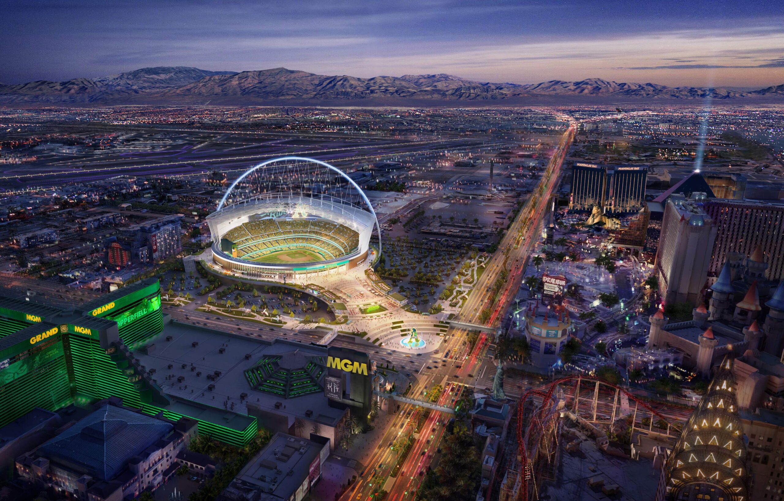 This rendering provided by the Oakland A's on May 26, 2023 of the team's proposed $1.5 billion, 33,000-seat ballpark on the site of the Tropicana will be replaced soon by a new set of renderings, according to the club officials. (Courtesy Oakland A's).