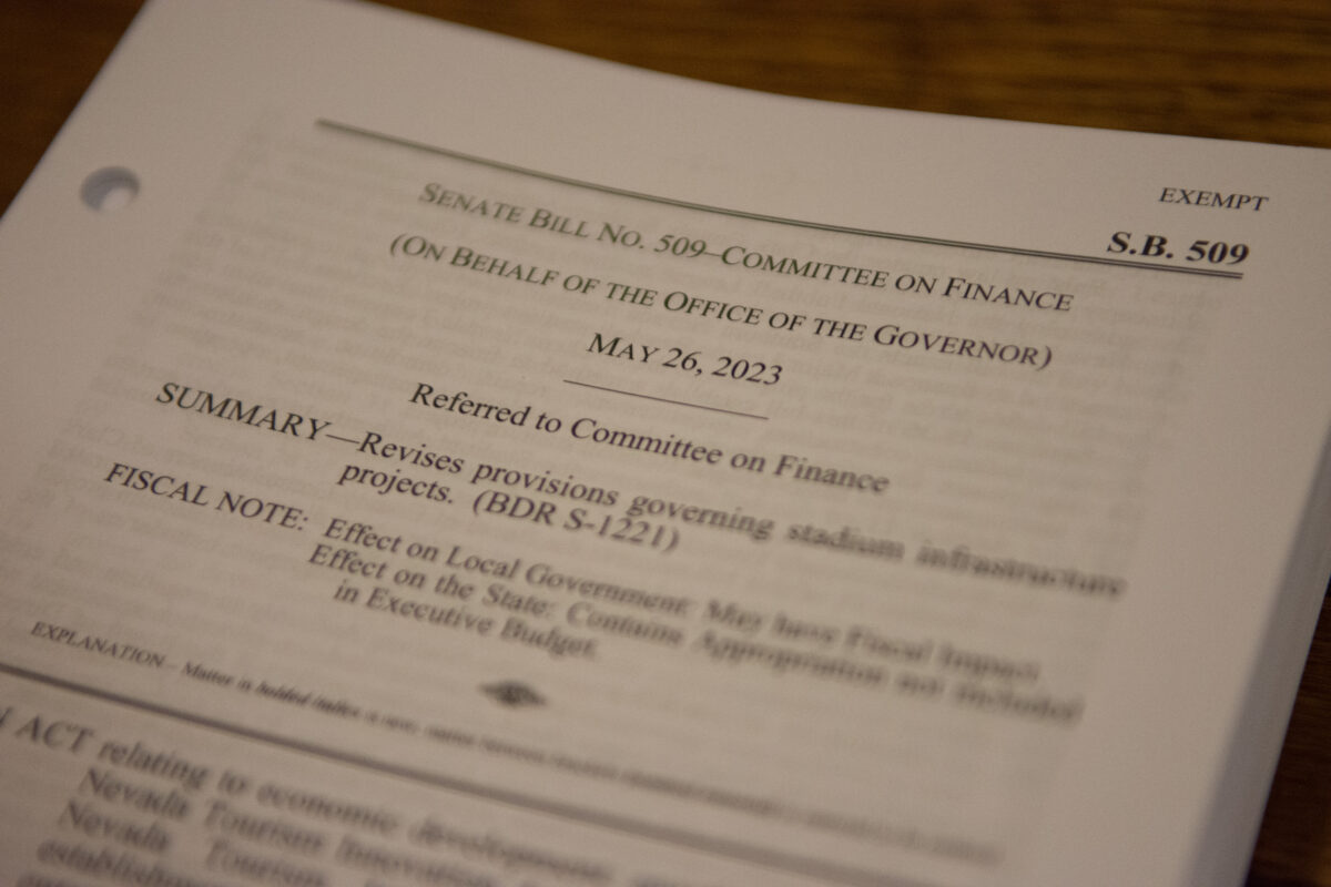 A copy of SB509, a bill that would provide up to $380 million in public financing for a $1.5 million stadium for A's on May 29, 2023. (David Calvert/The Nevada Independent).