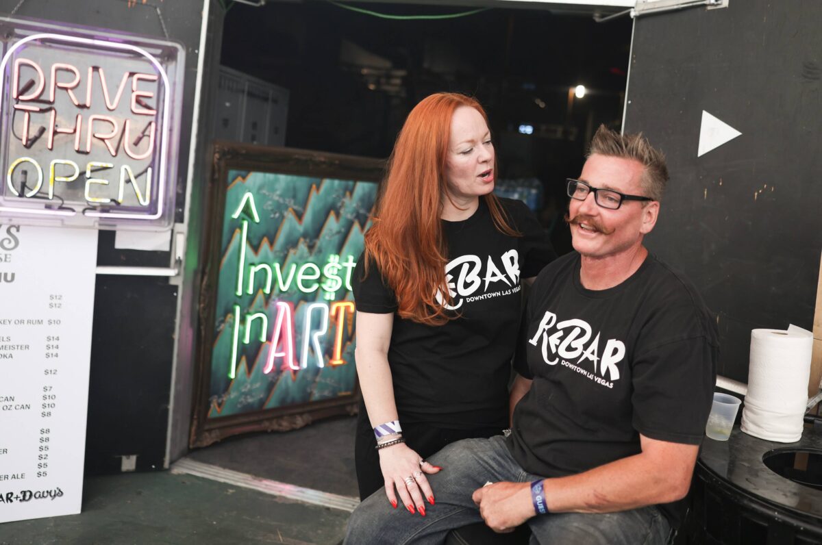 Derek Stonebarger and his wife Dorian, owners of ReBAR in the Arts District, in front of their new under construction restaurant called  Arty's Steakhouse at the Commercial Center on Thursday, May 18, 2023. (Jeff Scheid/The Nevada Independent)