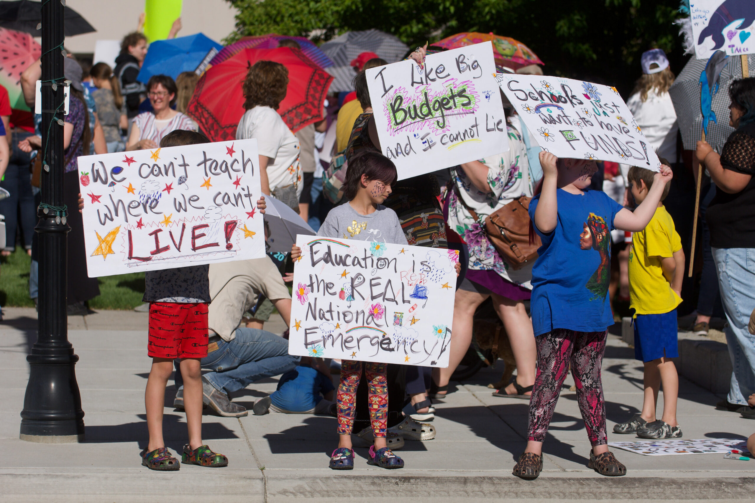 Students and teachers with the Nevada State Education Association rally outside the Legislature on Wednesday, May 17, 2023. (David Calvert/The Nevada Independent).