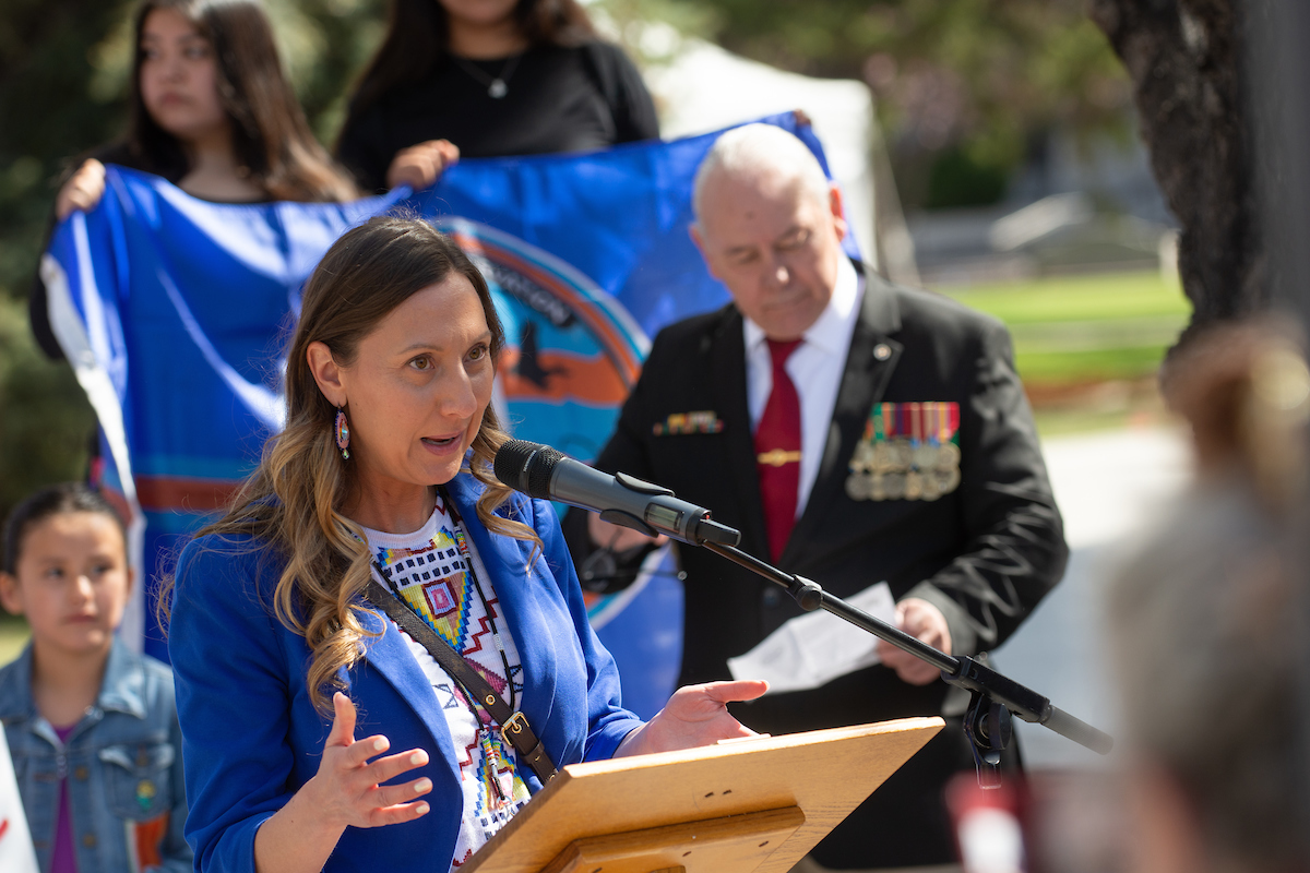 Teresa Melendez, a lobbyist and Indigenous organizer, speaks during a press conference about the conditions of the Owyhee Combined School, located on the Shoshone-Paiute Tribes of the Duck Valley Indian Reservation in northeastern Nevada, outside the Legislature on Thursday, April 27, 2023, in Carson City. (David Calvert/The Nevada Independent).