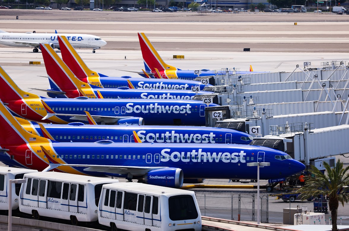 Southwest Airlines planes line up at the C Gates at Harry Reid International Airport on Wednesday, May 24, 2023. (Jeff Scheid/The Nevada Independent).