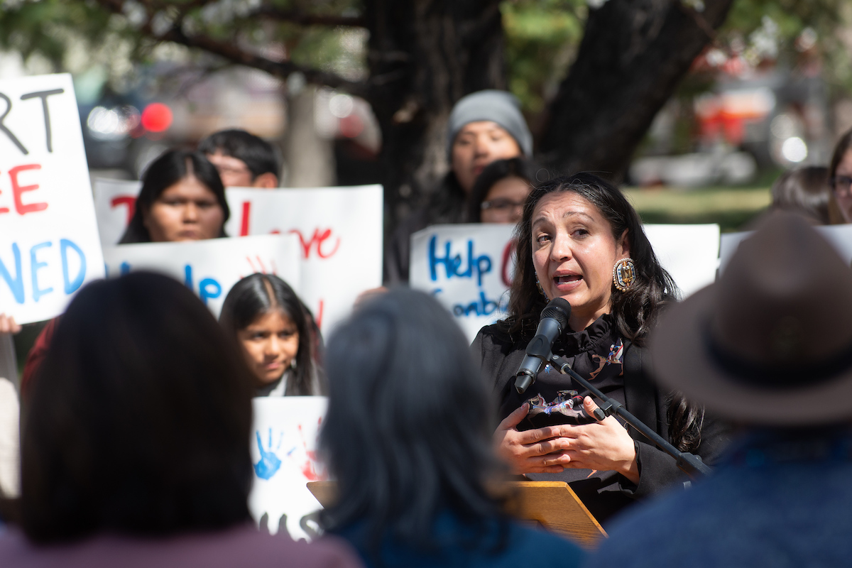 Owyhee Combined School Vice Principal Lynn Manning-John speaks during a press conference outside the Legislature on Thursday, April 27, 2023, in Carson City. (David Calvert/The Nevada Independent).