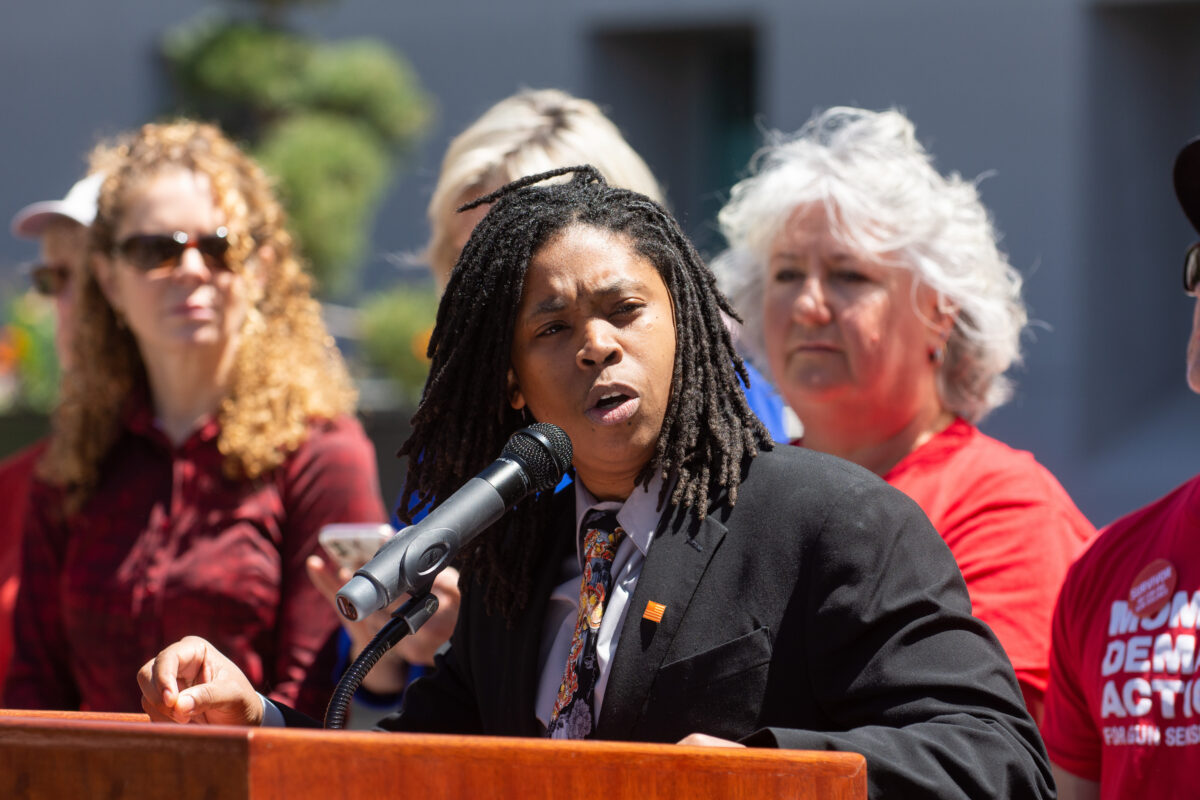 Sen. Dallas Harris (D-Las Vegas) speaks during a press conference outside the Legislature in Carson City on Wednesday, May 17, 2023. (David Calvert/The Nevada Independent)