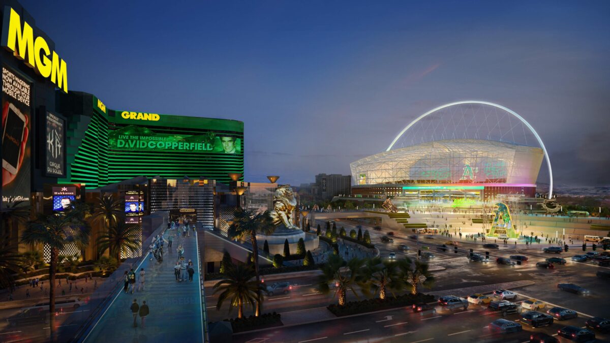 A rendering of the A's proposed $1.5 billion, 30,000-seat, retractable roof ballpark on the Strip and Tropicana Avenue. (Courtesy Oakland A's)