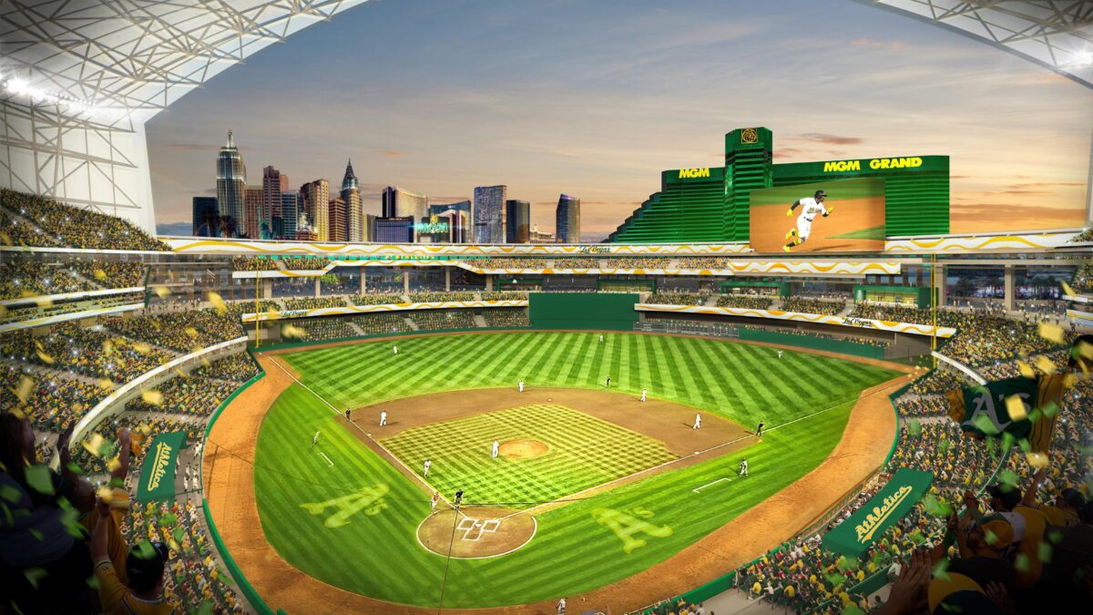 A rendering of the A's proposed $1.5 billion, 30,000-seat, retractable roof ballpark on the Strip and Tropicana Avenue with properties owned by MGM Resorts in the background. (Courtesy Oakland A's).