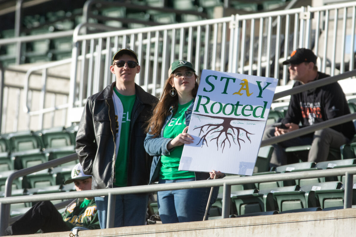 Fans of the Oakland Athletics protest the team's potential move to Las Vegas during a game at the Oakland Coliseum in Oakland, California on Friday, May 12, 2023. (David Calvert/The Nevada Independent).