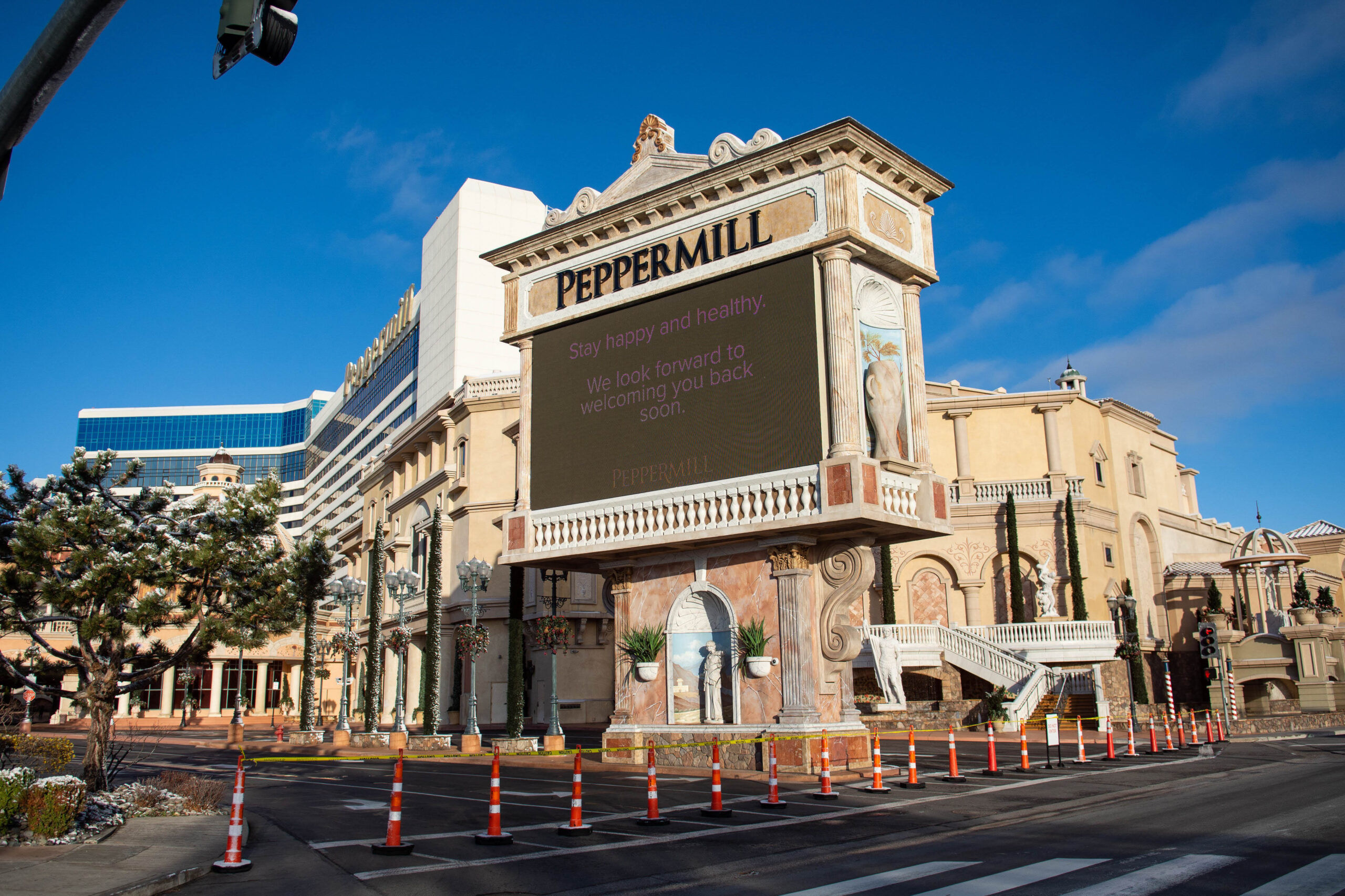Traffic cones block the entrance to the Peppermill Reno.