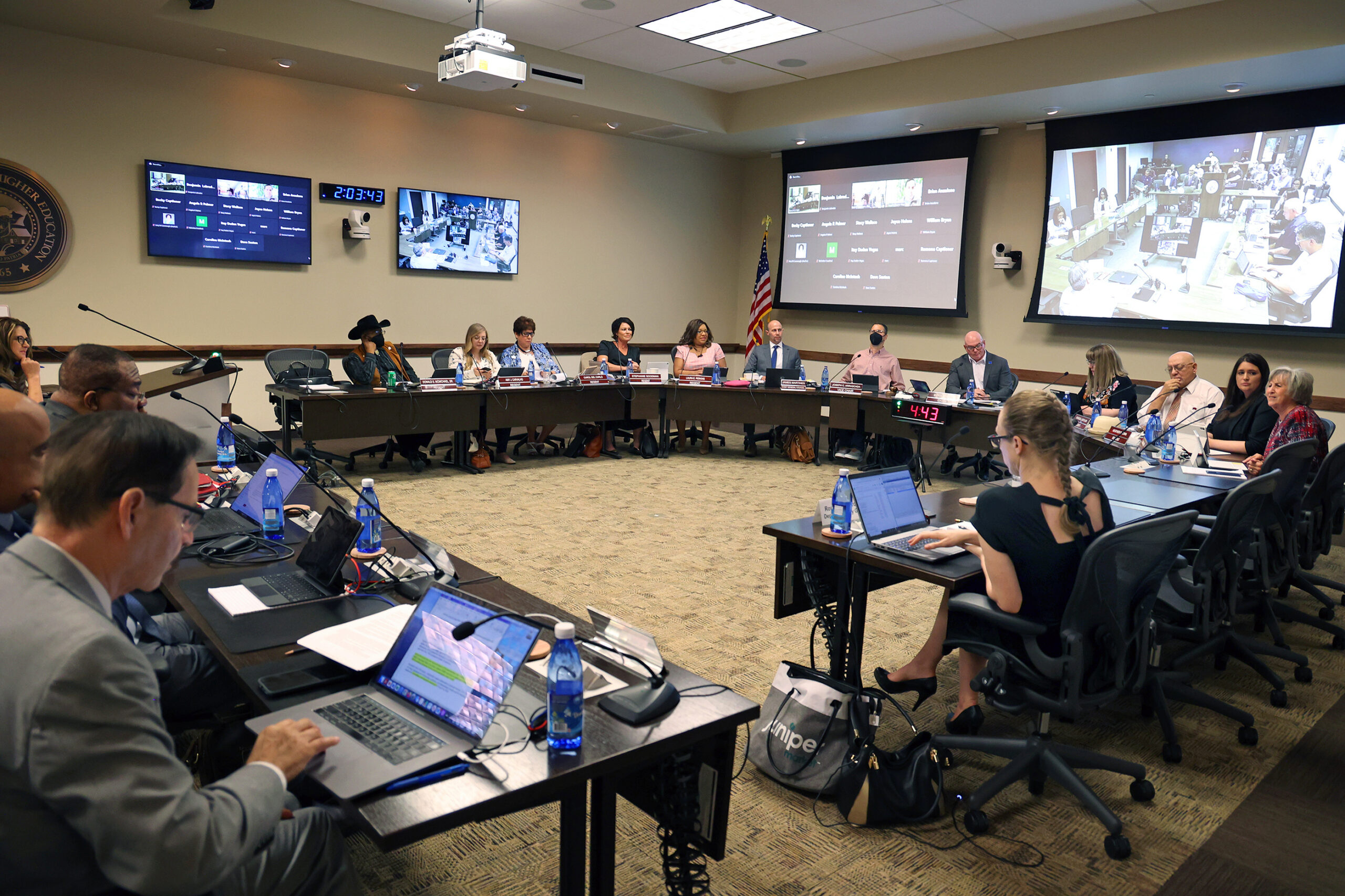 Members of the Nevada System of Higher Education Board of Regents discuss NSHE chancellor candidate Lawrence Drake, not shown, during a meeting Friday, June 30, 2023, in Las Vegas. (Ronda Churchill/The Nevada Independent).