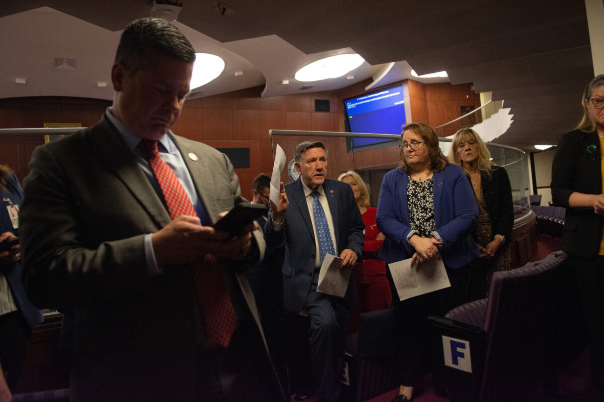 The Assembly Committee on Ways and Means meets behind the bar to introduce AB1 during the 34th special session of the Legislature in Carson City on June 6, 2023. (David Calvert/The Nevada Independent).