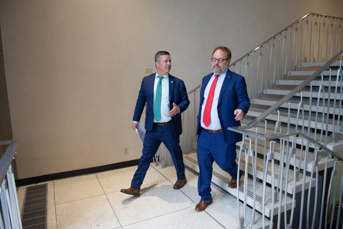 Assembly Speaker Steve Yeager, left, (D-Las Vegas) and Treasurer Zach Conine inside the Legislature in Carson City on June 4, 2023. (David Calvert/The Nevada Independent).