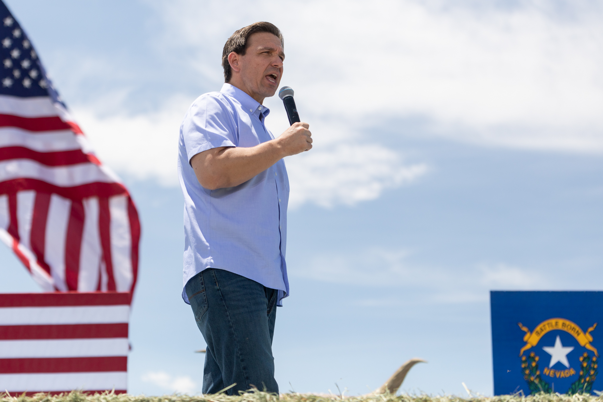 Florida Gov. Ron DeSantis speaks during the 8th annual Basque Fry at Corley Ranch in Gardnerville on June 17, 2023. (Trevor Bexon/The Nevada Independent).