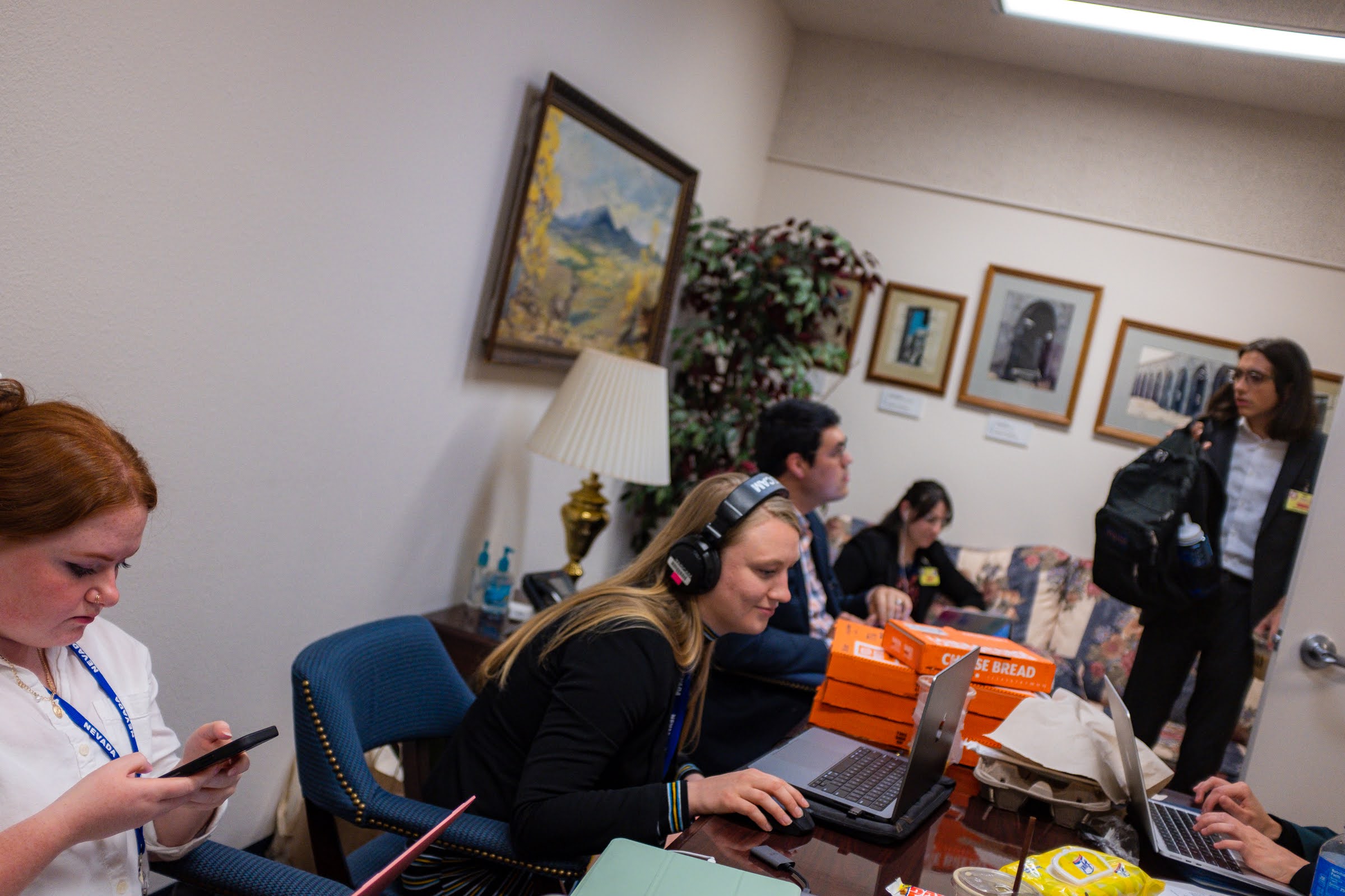 Indy staffers in an auxiliary press room working on the final day of the regular legislative session on June 5, 2023, in Carson City.