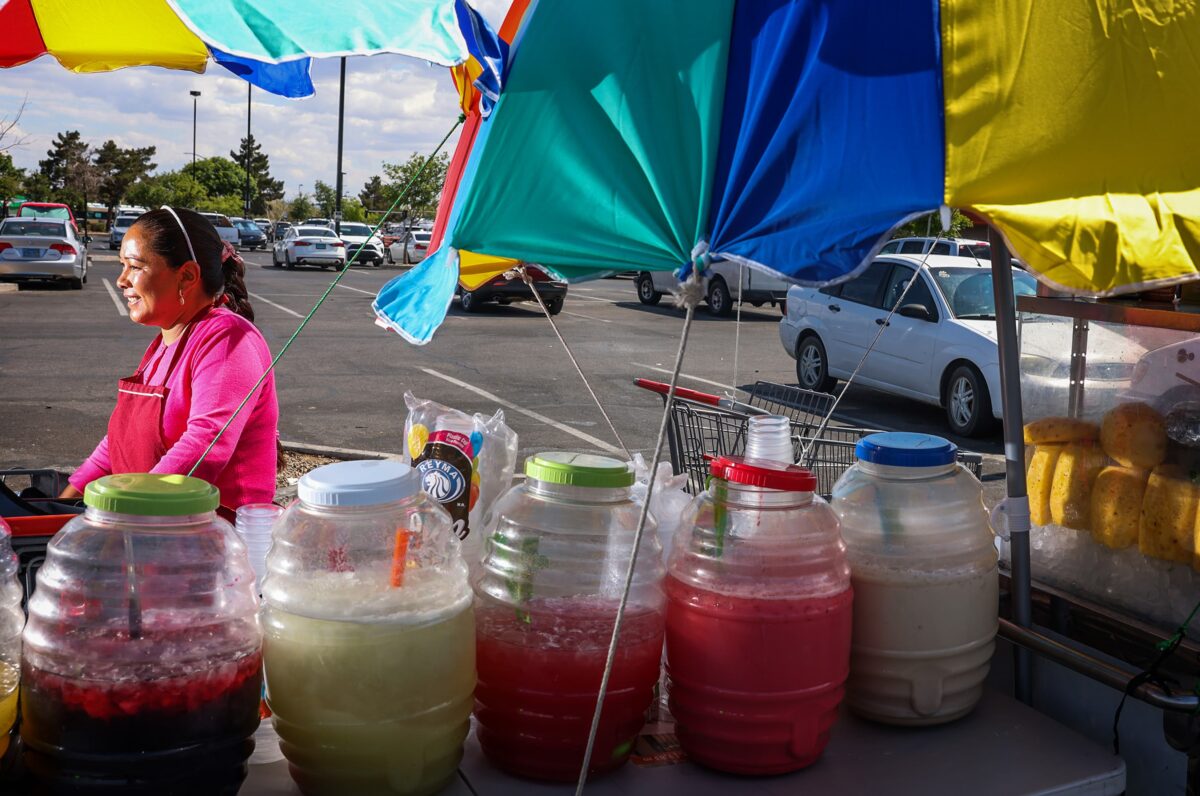 Street vendor Maribel Rojas Flores at her stand in East Las Vegas on Tuesday, June 13, 2023. (Jeff Scheid/The Nevada Independent)