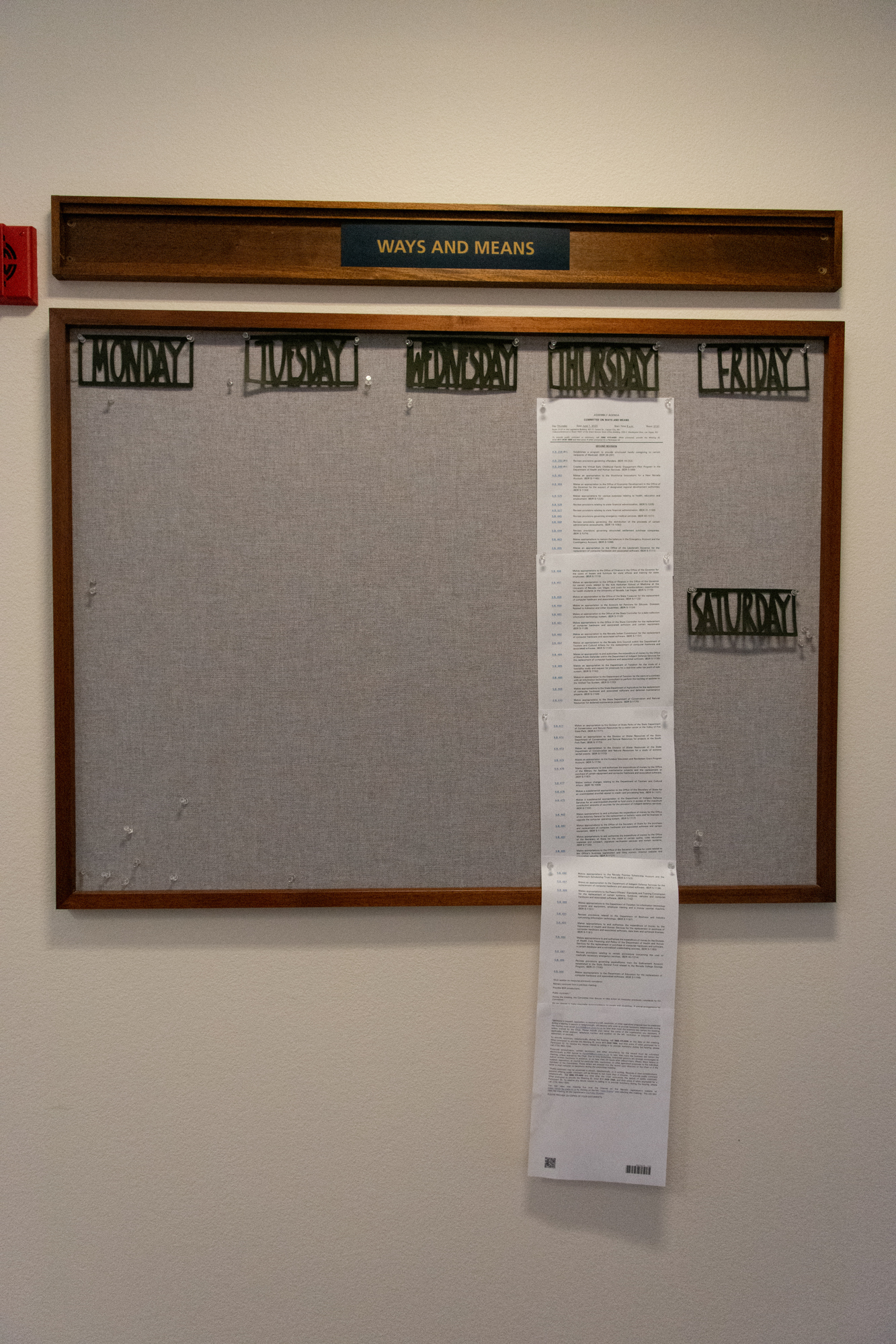 Agenda for the Assembly Ways and Means Committee four days prior to the end of the session at the Legislature in Carson City on Thursday, June 1, 2023. (David Calvert/The Nevada Independent).