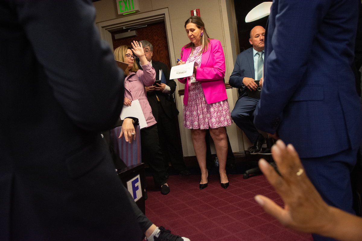 A behind the bar meeting of the Assembly Committee on Revenue before the start of a floor session inside the Legislature in Carson City on June 4, 2023. (David Calvert/The Nevada Independent).