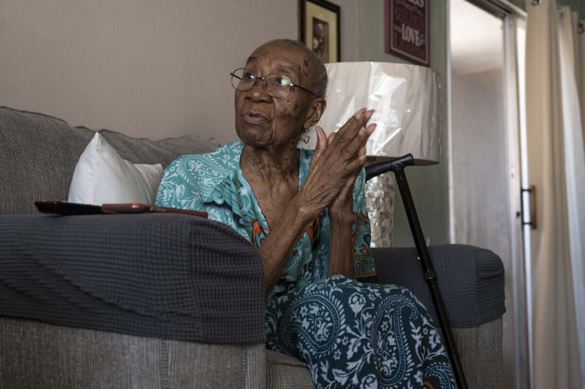 Annie Walker talks with a reporter inside her home in the Windsor Park neighborhood in North Las Vegas on Wednesday, May 10, 2023. (Daniel Clark/The Nevada Independent).