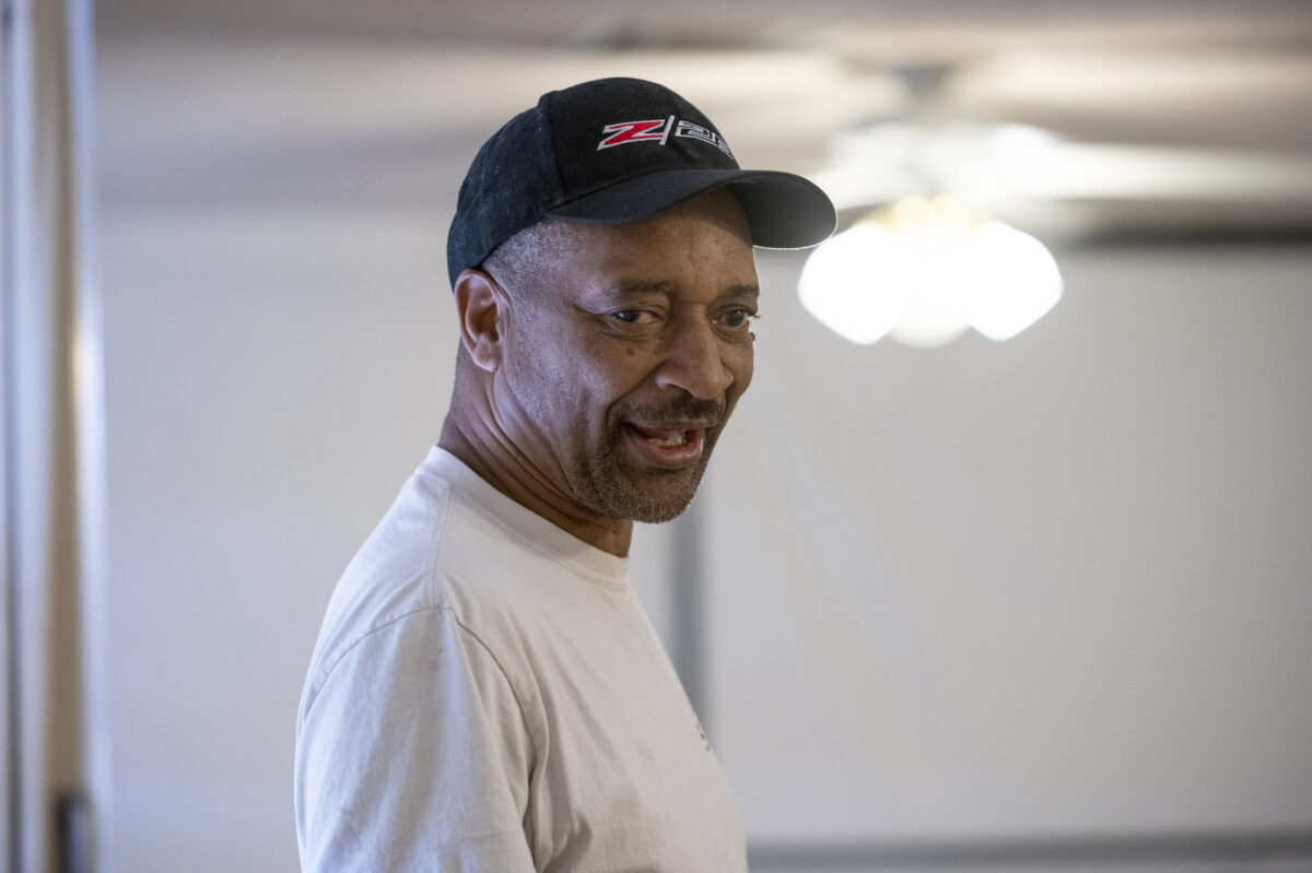 Resident Michael Richardson speaks with a reporter during a community meeting at Macedonia Baptist Church in the Windsor Park neighborhood in North Las Vegas on Saturday, May 13, 2023. (Daniel Clark/The Nevada Independent).