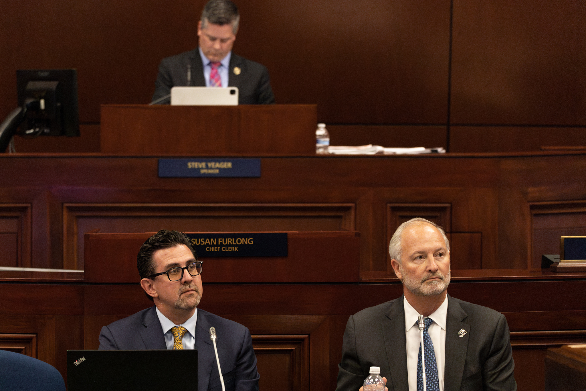 Steve Hill and Jeremy Aguero answer questions about SB1 during the 35th special session of the Legislature on June 13, 2023, in Carson City. (Trevor Bexon/The Nevada Independent).