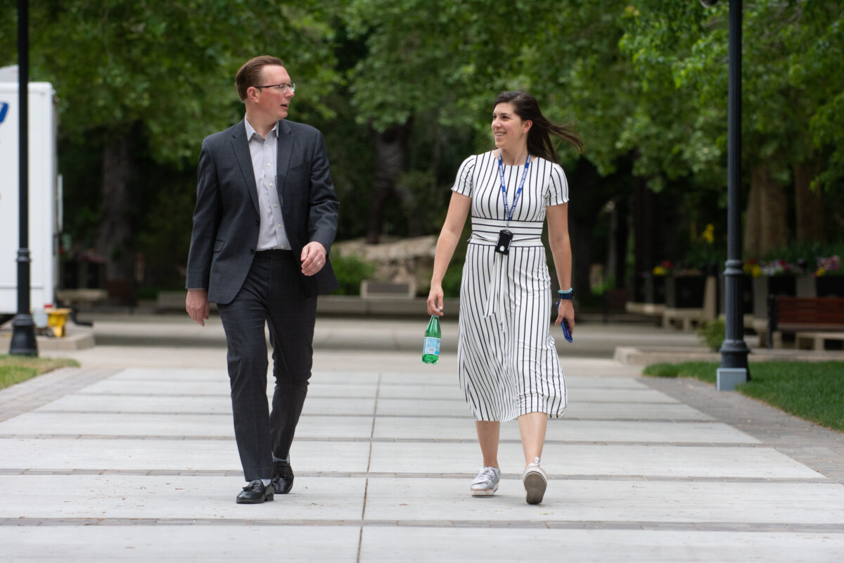 Gov. Joe Lombardo's Chief of Staff Ben Kieckhefer walks with the Governor's Legislative Director Madeline Burak outside the Legislature in Carson City on June 4, 2023. (David Calvert/The Nevada Independent).