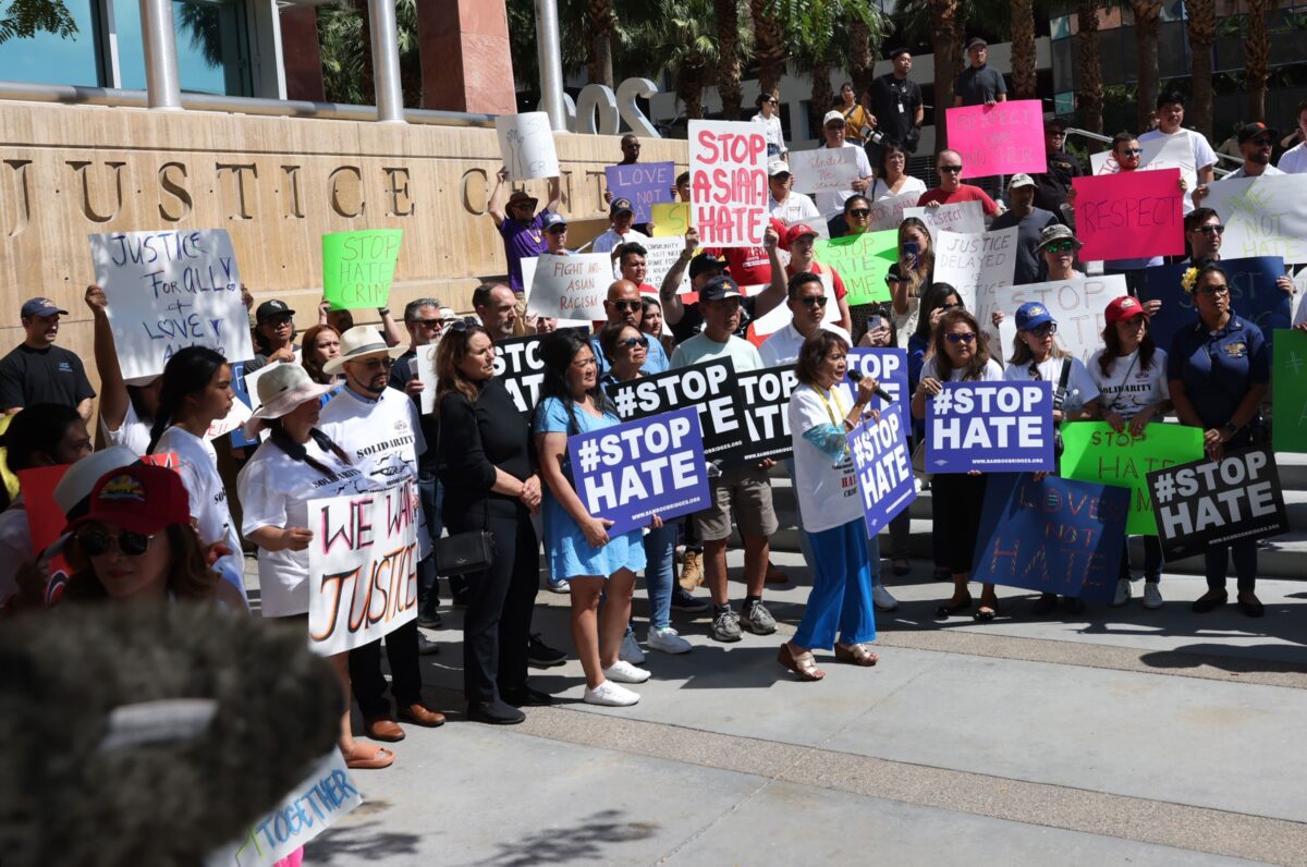 Community members hold a Stop Asian Hate Rally in front of the Regional Justice Center on Thursday, June 29, 2023. (Jeff Scheid/The Nevada Independent).