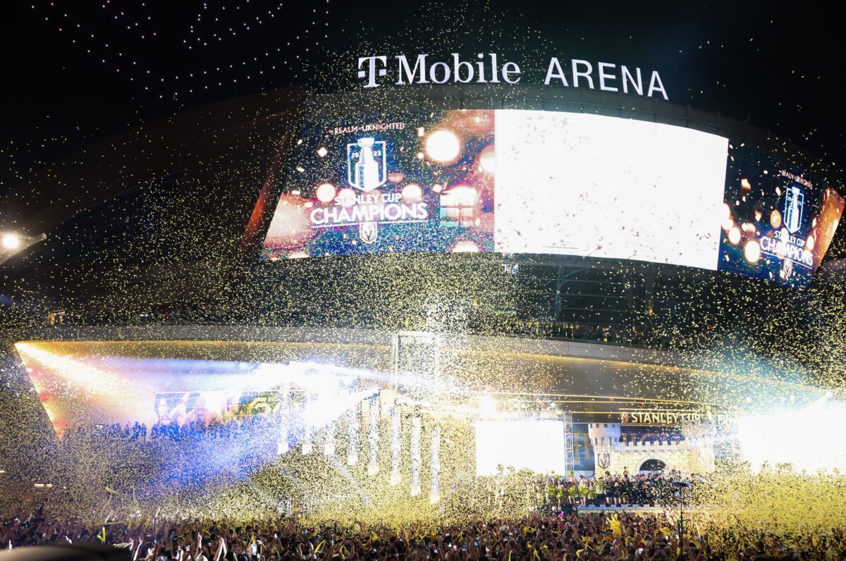 Confetti drops during the Vegas Golden Knights Stanley Cup Championship party in front of T-Mobile Arena on Saturday, June 17, 2023. (Jeff Scheid/The Nevada Independent).