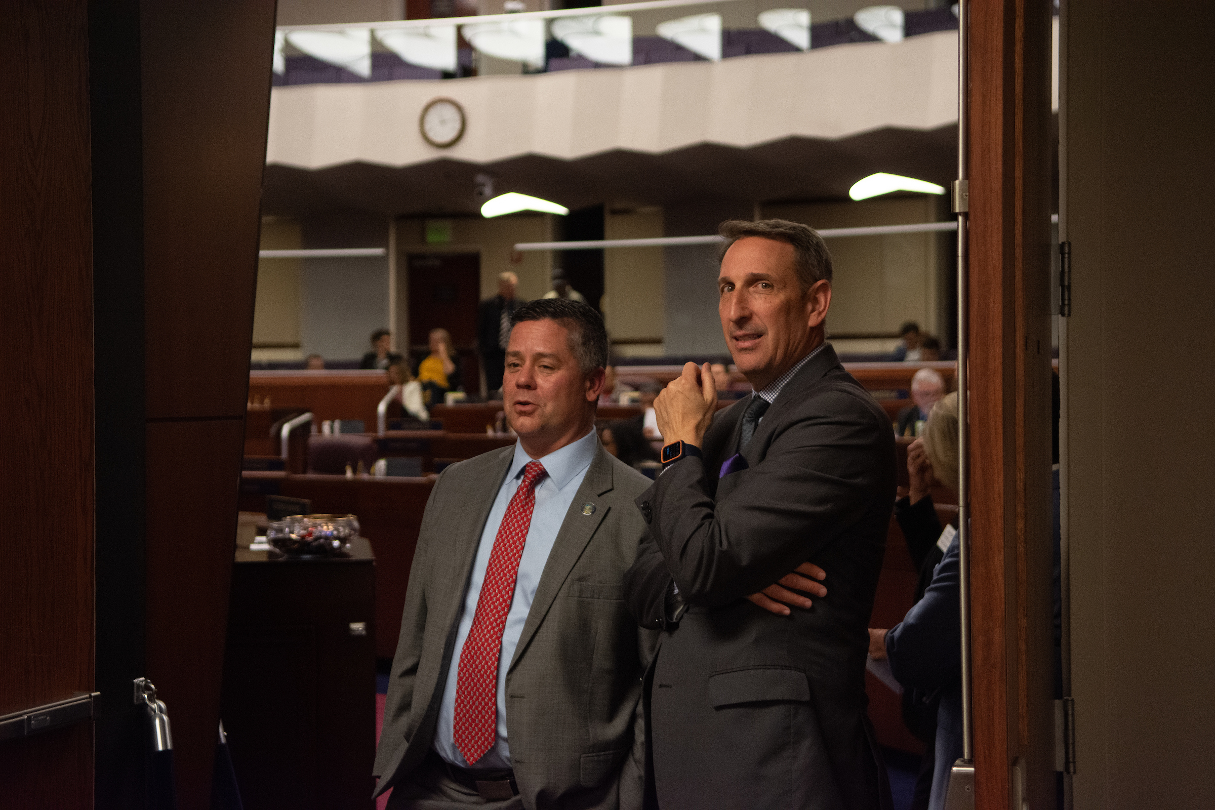 Senator Scott Hammond, right, (R-Las Vegas) and Assembly Speaker Steve Yeager (D-Las Vegas) outside the Assembly Chambers during the 34th special session of the Legislature in Carson City on June 6, 2023. (David Calvert/The Nevada Independent).