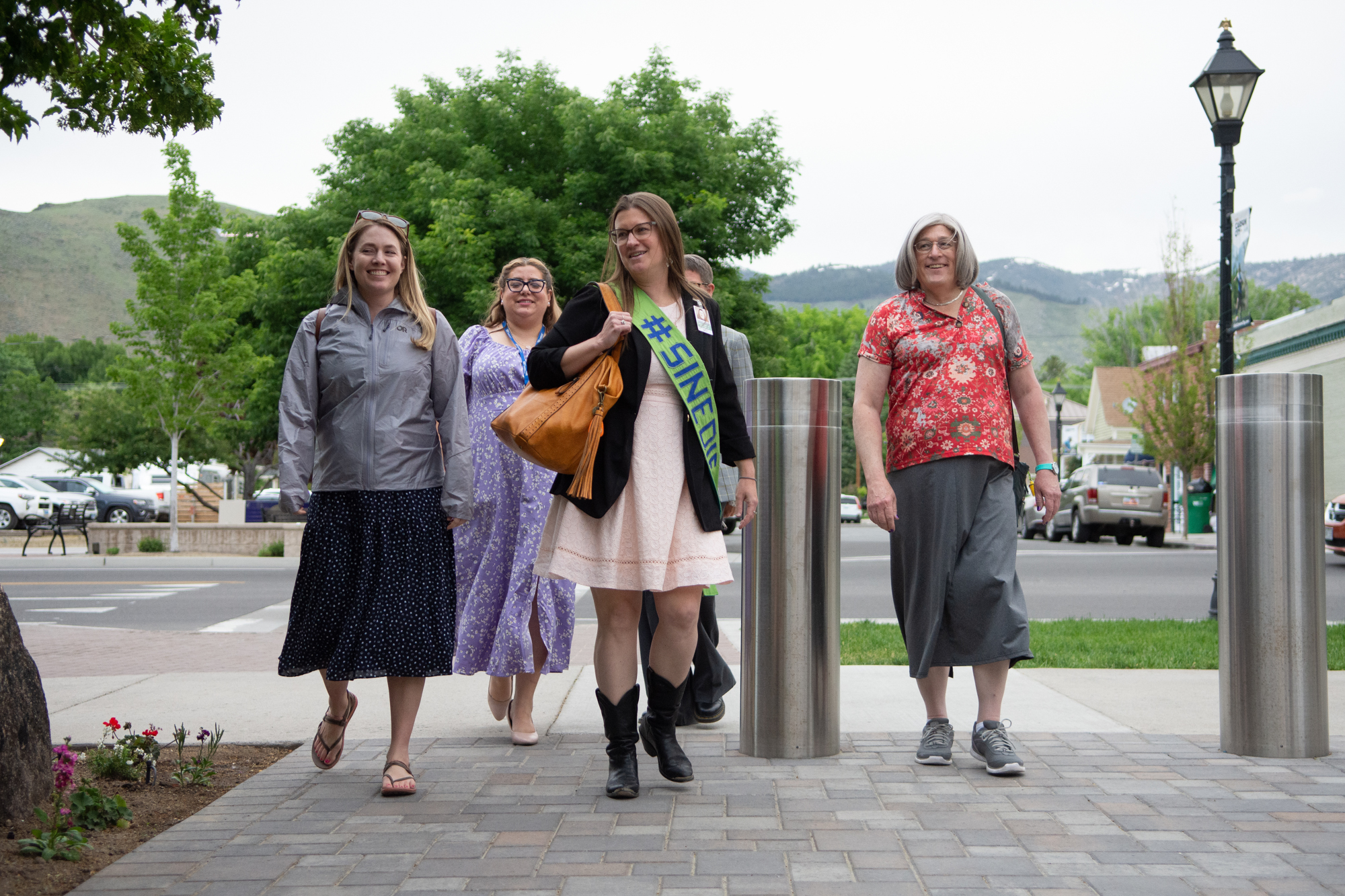 Lobbyist Stacey Shinn wearing a sine die sash outside the Legislature during the final day of the 82nd legislative session in Carson City on June 5, 2023. (David Calvert/The Nevada Independent).