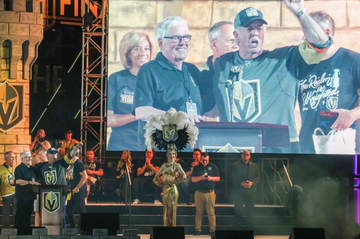 Gov. Joe Lombardo speaks while Vegas Golden Knights owner Bill Foley stands beside him during the Stanley Cup Championship party in front of T-Mobile Arena on Saturday, June 17, 2023. (Jeff Scheid/The Nevada Independent).
