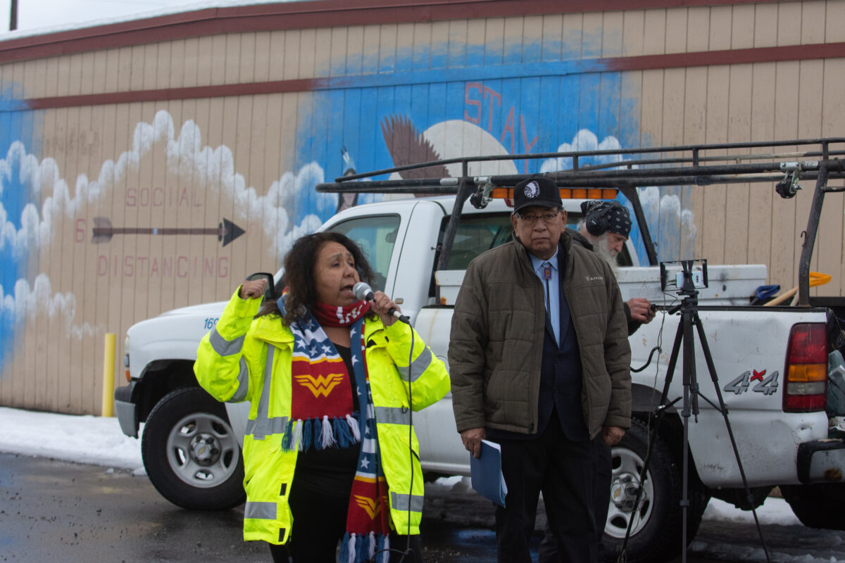 Michon Eben, who manages the cultural resource program for the Reno-Sparks Indian Colony, speaks to protestors during a demonstration opposing the Thacker Pass lithium mine on Jan. 5, 2023. (David Calvert/The Nevada Independent).