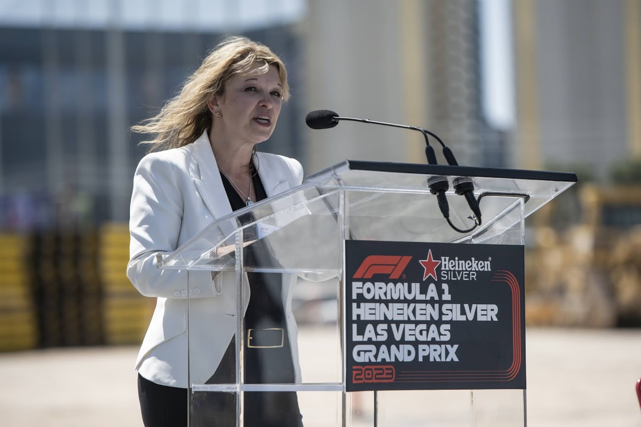 Las Vegas Grand Prix CEO Renee Wilm speaks during a topping out ceremony at the race's $500 million paddock building in Las Vegas on Thursday, April 13, 2023. (Daniel Clark/The Nevada Independent).