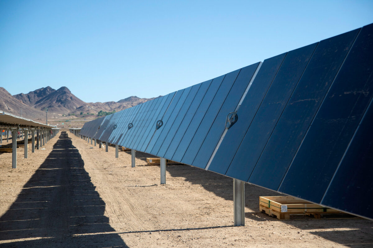 Solar panels as seen at the Townsite Solar installation five miles southwest of Boulder City on Friday, June 11, 2021. (Daniel Clark/The Nevada Independent).