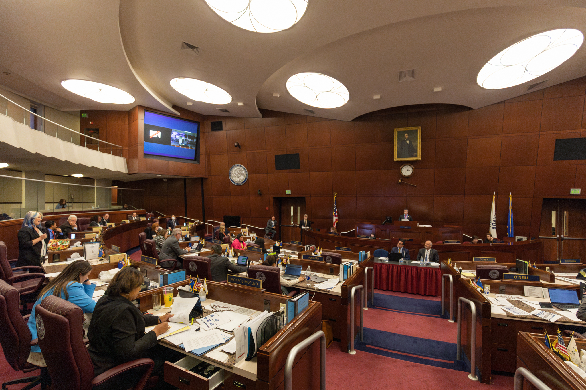 Assemblywoman Sarah Peters (D-Reno) asks questions, directed to Steve Hill and Jeremy Aguero, about SB1 during the 35th special session of the Legislature on June 13, 2023, in Carson City. (Trevor Bexon/The Nevada Independent).