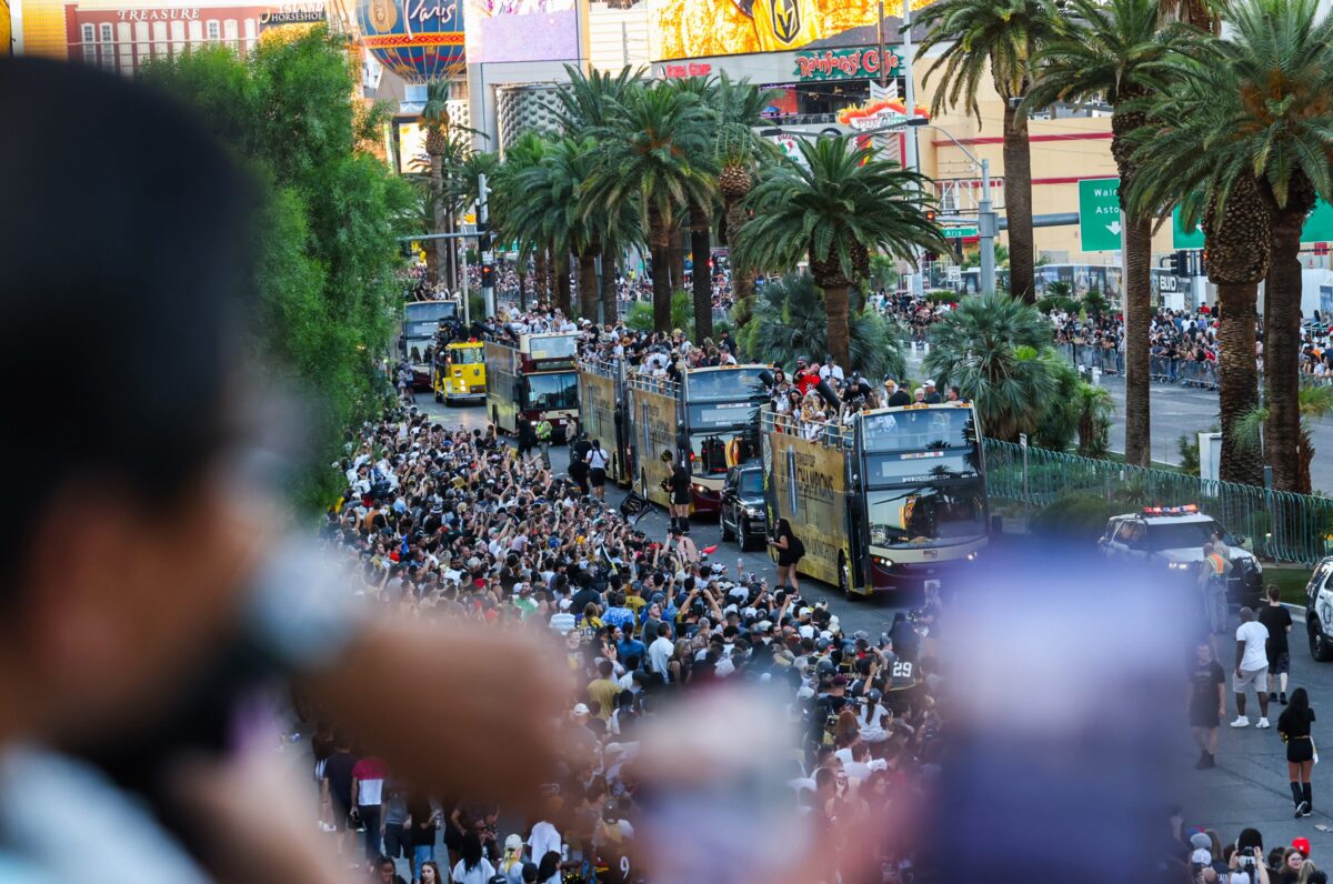 Thousands of fans line Las Vegas Boulevard for the Vegas Golden Knights' Stanley Cup Championship parade on Saturday, June 17, 2023. (Jeff Scheid/The Nevada Independent).