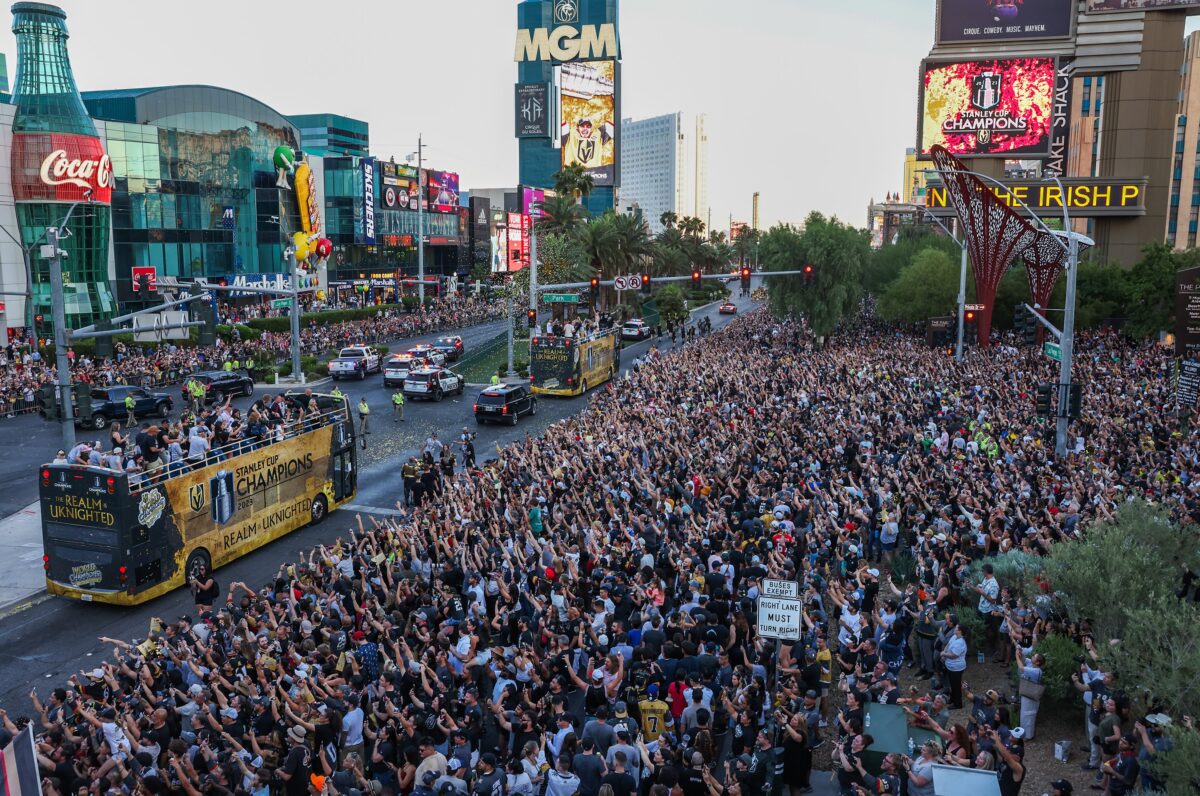 Thousands of fans line Las Vegas Boulevard for the Vegas Golden Knights' Stanley Cup Championship parade on Saturday, June 17, 2023. (Jeff Scheid/The Nevada Independent).