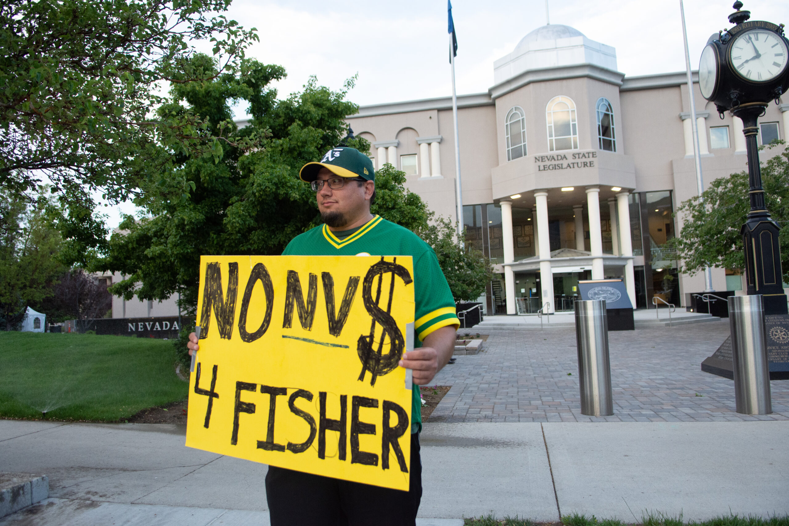Troy Stansbury, an Oakland A’s fan from Carson City stands outside the Legislature before the start of the 34th special session on June 6, 2023. (David Calvert/The Nevada Independent).